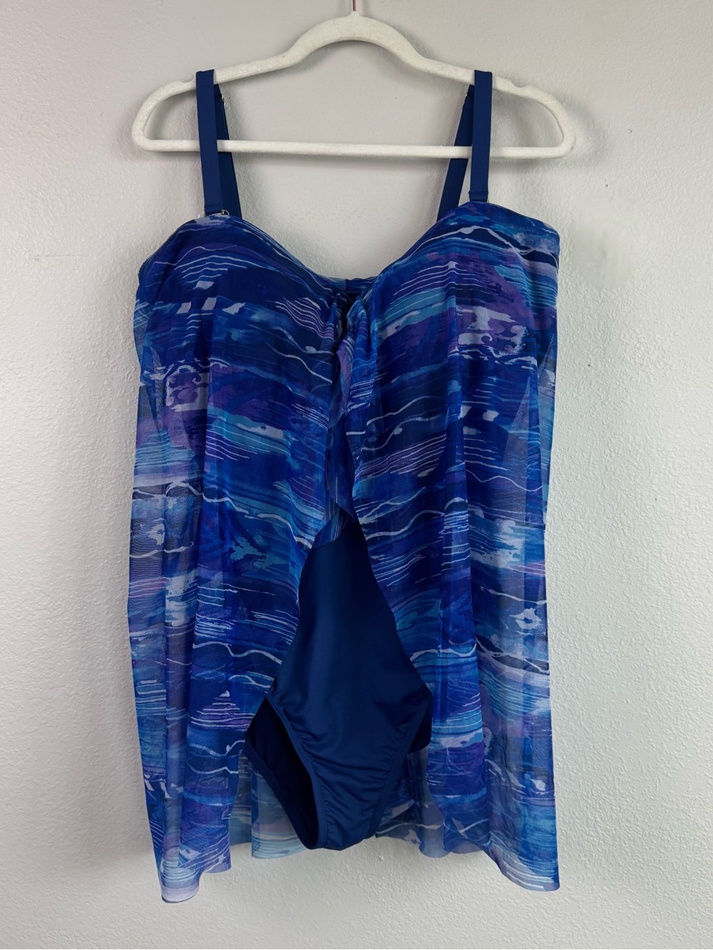 Lauren Ralph Lauren Women’s Sz 20W One Piece Swimsuit Mesh Overlay Blue Coastal